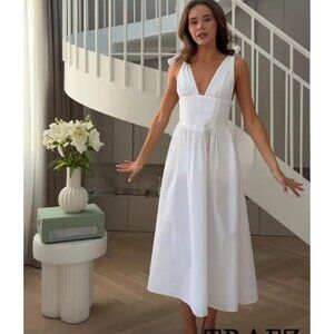 Zara Womens Bloggers Favorite Poplin With Ties Midi Dress White Size Small
